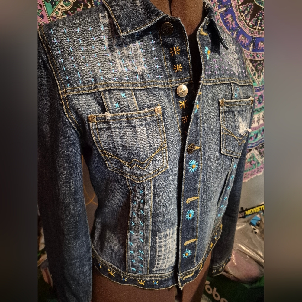 Upcycled Sashiko Stitched Denim Jacket with Colorful Accents
